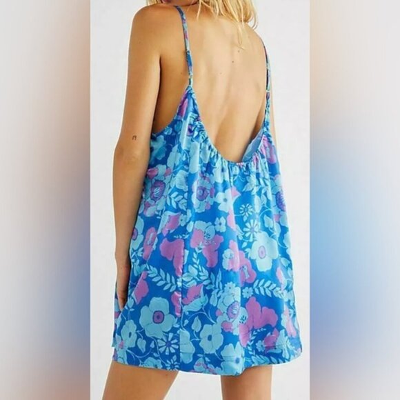 Free People Far Out Cami Tunic Top Blue Floral Beach Festival Boho Sz M - Picture 3 of 13